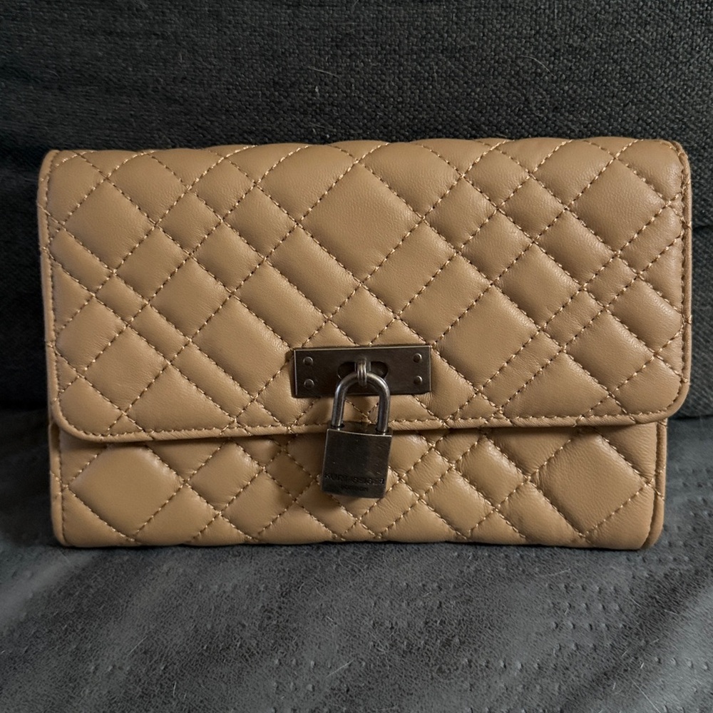 Kurt Geiger Quilted Tan Leather Wristlet Clutch with Padlock